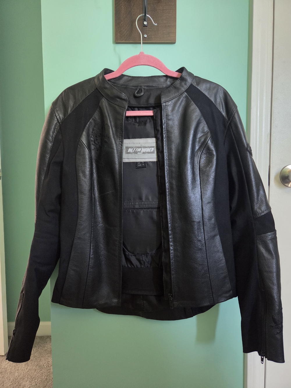 BiLT Women's Black Leather Motorcycle Jacket W/ Rose Embroidery & Built In Armor